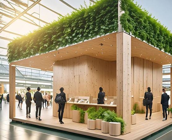 Image d’un stand éco conçu en bois clair dans un hall d’exposition
