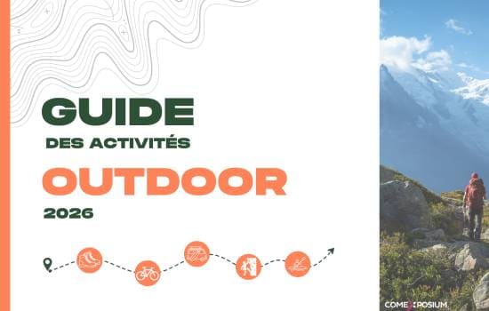 Couverture du Guide des activités outdoor 2026 illustrée par des icônes de loisirs de plein air et un paysage de montagne.
