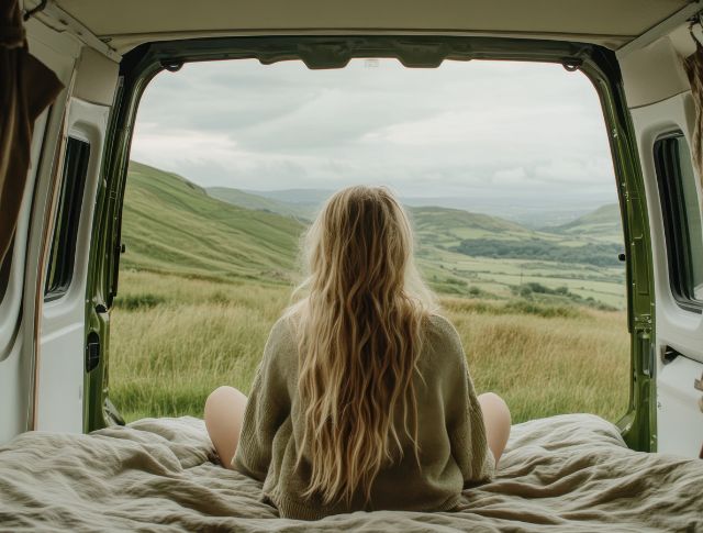 Une jeune femme dans son van regardant la vue. 